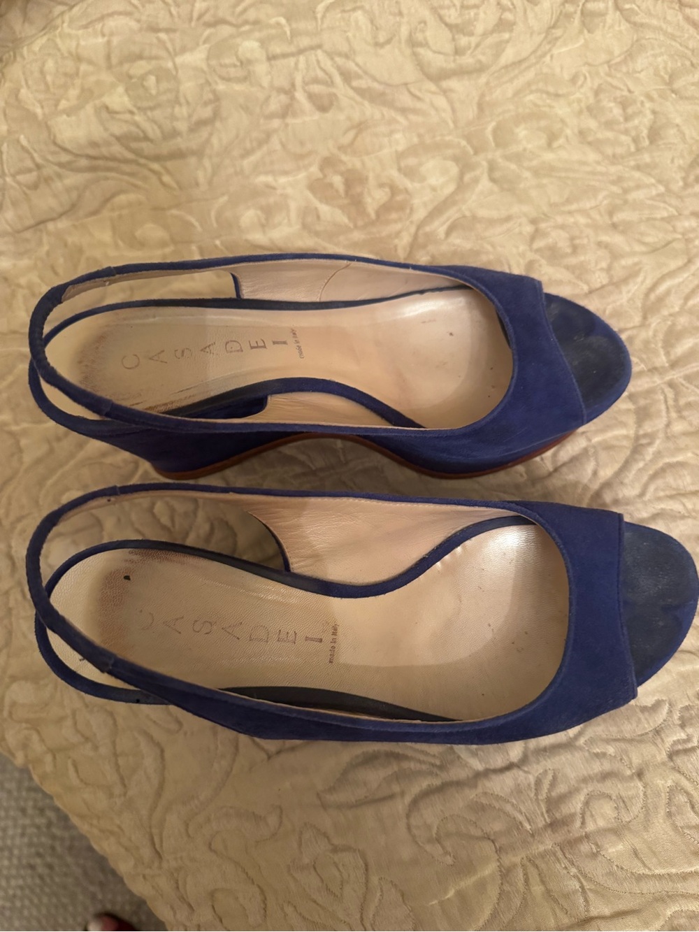 Casadei Navy Suede Slingback Peep-Toe Wedges